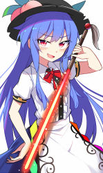 Rule 34 | 1girl, arm up, black hat, blue hair, blue skirt, blush, bow, bowtie, breasts, buttons, collared shirt, e.o., eyes visible through hair, food, frills, fruit, hair between eyes, hand on own hip, hand up, hat, hat ornament, hinanawi tenshi, leaf, long hair, looking at viewer, medium breasts, open mouth, peach, puffy short sleeves, puffy sleeves, rainbow, red bow, red bowtie, shirt, short sleeves, simple background, skirt, smile, solo, standing, sword, tongue, touhou, v-shaped eyebrows, weapon, white background, white shirt