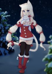 Rule 34 | 1girl, alternate costume, animal ear fluff, animal ears, black thighhighs, blue eyes, blunt bangs, boots, bow, bow legwear, buttons, cat ears, cat girl, cat tail, christmas, detached sleeves, dress, full body, hair bow, heart, heart hands, highres, long hair, looking at viewer, nail polish, nealayiskah, nekopara, night, open mouth, outdoors, pom pom (clothes), red bow, red dress, red footwear, red nails, red sleeves, santa boots, santa costume, santa dress, scarf, smile, snow, snowing, solo, standing, tail, tail bow, tail ornament, thighhighs, twintails, vanilla (nekopara), very long hair, white hair, white scarf, zettai ryouiki