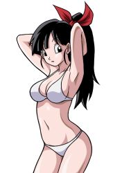 Rule 34 | 10s, 1girl, adjusting hair, armpits, arms behind head, arms up, bikini, black eyes, black hair, bow, bra, breasts, cleavage, collarbone, dragon ball, dragon ball heroes, hair bow, hair ribbon, hair tie, hands in hair, hands up, high ponytail, long hair, looking to the side, matching hair/eyes, medium breasts, navel, note (dragon ball), panties, parted lips, ponytail, red ribbon, ribbon, saiyan, sideboob, simple background, solo, standing, swimsuit, underwear, white background, white bra, white panties