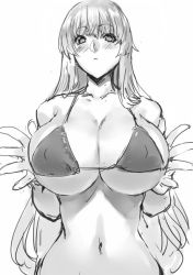 Rule 34 | 1girl, bikini, blush, breast press, breasts, breasts squeezed together, cleavage, covered erect nipples, female focus, frown, greyscale, hip focus, huge breasts, large breasts, long hair, looking at viewer, micro bikini, monochrome, navel, original, ran&#039;ou (tamago no kimi), sideboob, simple background, sketch, solo, string bikini, swimsuit, underboob, upper body, very long hair, white background