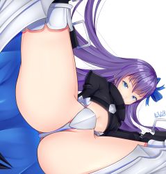 Rule 34 | 10s, blackwatchar, blue eyes, bow, fate/extra, fate/extra ccc, fate/grand order, fate (series), hair bow, highres, long hair, looking at viewer, meltryllis (fate), midriff, purple hair, simple background, smile, solo, spread legs, thighhighs, thighs, very long hair, white background
