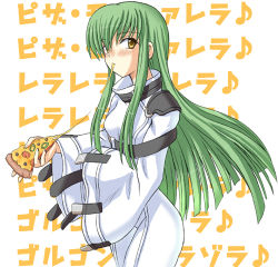 Rule 34 | 00s, 1girl, blush, bodysuit, c.c., code geass, cowboy shot, eating, food, green hair, long hair, lowres, musical note, pizza, pizza slice, quaver, solo, straitjacket, yellow eyes