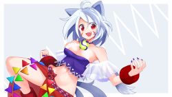 Rule 34 | 1girl, animal ears, armpits, ball, bare shoulders, breasts, cleavage, dog ears, dog girl, fang, looking at viewer, medium breasts, mitsugashira enoko, muchin jousha, multicolored hair, multiple tails, open mouth, purple nails, purple shirt, red eyes, shirt, solo, tail, touhou, two-tone hair, unfinished dream of all living ghost
