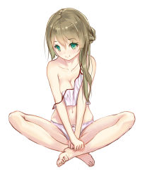 Rule 34 | 1girl, barefoot, bow, bow panties, breasts, brown hair, camisole, cleavage, closed mouth, collarbone, commentary request, crop top, full body, green eyes, hair over shoulder, indian style, looking at viewer, medium breasts, nachi (heikou sekai), navel, off shoulder, original, panties, shirt, simple background, sitting, smile, solo, underwear, underwear only, white background, white panties, white shirt