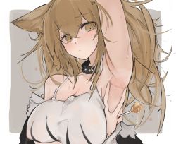 Rule 34 | 1girl, animal ears, arknights, arm up, armpits, black choker, brown eyes, brown hair, candy, choker, food, hair between eyes, holding, holding candy, holding food, holding lollipop, light blush, lion ears, lollipop, long hair, looking at viewer, mikozin, presenting armpit, siege (arknights), solo, spread armpit, studded choker, sweat, tank top, white tank top