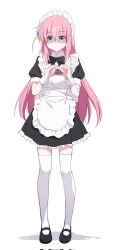 Rule 34 | 1girl, apron, bocchi the rock!, bow, cube hair ornament, dress, frills, gloom (expression), gotoh hitori, hair ornament, heart, heart hands, highres, long hair, looking away, maid, maid apron, maid headdress, one side up, pink hair, pn (wnsl216), shaded face, short dress, solo, sweatdrop, thighhighs, white thighhighs, zettai ryouiki