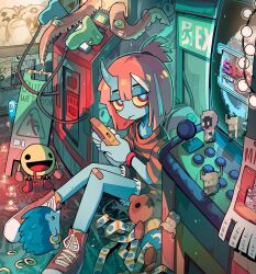 Rule 34 | 1girl, arcade, bandaid, bandaid on knee, bandaid on leg, blue skin, carles dalmau, colored skin, handheld game console, highres, knees together feet apart, ponytail, red eyes, red hair, shirt, shoes, short hair, sitting, solo, sonic (series), striped clothes, striped shirt