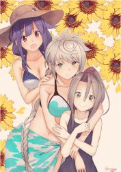 Rule 34 | 10s, 3girls, :d, alternate costume, bikini, black one-piece swimsuit, braid, breasts, brown eyes, collarbone, flat chest, flower, hair between eyes, hair flaps, hat, high ponytail, highres, kantai collection, large breasts, light brown hair, long hair, low twintails, masukuza j, multiple girls, one-piece swimsuit, open mouth, purple hair, red eyes, single braid, smile, sunflower, swimsuit, taigei (kancolle), twintails, twitter username, unryuu (kancolle), very long hair, white hair, yellow eyes, zuihou (kancolle)