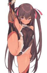Rule 34 | 1girl, bare shoulders, black gloves, black thighhighs, blade (galaxist), blush, breasts, brown eyes, brown hair, brown leotard, closed mouth, covered erect nipples, covered navel, elbow gloves, fingerless gloves, gloves, hair between eyes, hair ribbon, hair rings, impossible clothes, impossible leotard, leg lift, leg up, leotard, long hair, looking at viewer, mizuki yukikaze, one-piece tan, ribbon, shiny clothes, slit pupils, small breasts, solo, split, standing, standing on one leg, standing split, taimanin (series), taimanin suit, taimanin yukikaze, tan, tanline, thighhighs, two side up, white background
