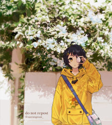 Rule 34 | ahoge, bag, baggy clothes, blue hair, carrotsprout, dark blue hair, egg, facing viewer, floral print, flower, heterochromia, highres, holding, holding egg, hood, hoodie, looking at object, one eye covered, ooto ai, outdoors, short hair, shoulder bag, solo, sunflower, sunflower print, triangle hair ornament, wonder egg priority, yellow eyes, yellow hoodie