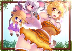Rule 34 | 3girls, adapted costume, animal ears, bare shoulders, bell, blonde hair, blue eyes, breasts, chibi, choudenji nuko, choujigen nuko, female focus, hair ornament, large breasts, md5 mismatch, mini person, minigirl, moriya suwako, mouse ears, mouse tail, multiple girls, nazrin, red eyes, resolution mismatch, short hair, silver hair, source larger, tail, thighhighs, toramaru shou, touhou, tray