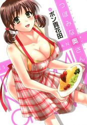 Rule 34 | 1girl, apron, bikini, bikini top only, breasts, brown hair, cover, cover page, food, green eyes, hair bobbles, hair ornament, large breasts, lowres, nearly naked apron, pon takahanada, solo, swimsuit, twintails