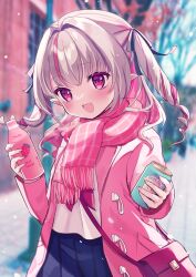 Rule 34 | 1girl, absurdres, bag, black ribbon, blue skirt, blurry, blush, bottle, can, coat, colored inner hair, day, depth of field, drill hair, fang, grey hair, hair ribbon, highres, holding, holding bottle, holding can, karunabaru, looking at viewer, makaino ririmu, multicolored hair, nijisanji, open clothes, open coat, open mouth, outdoors, pink coat, pink hair, pink scarf, pointy ears, red eyes, ribbon, scarf, shirt, shoulder bag, skin fang, skirt, smile, solo, streaked hair, two-tone hair, two side up, virtual youtuber, white shirt