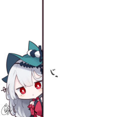 Rule 34 | 1girl, :&lt;, arknights, beni shake, blue hat, blush, breasts, chibi, commentary request, detached sleeves, dress, female focus, hat, long hair, long sleeves, medium breasts, official alternate costume, parted lips, peeking out, red dress, red eyes, red sleeves, signature, skadi (arknights), skadi the corrupting heart (arknights), solo, triangle mouth, very long hair, white background, white hair, wide sleeves
