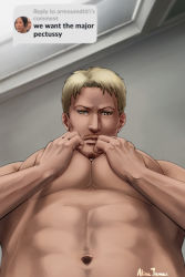 Rule 34 | 1boy, abs, alina james, alternate pectoral size, bara, blonde hair, commentary, english commentary, english text, facial hair, foreshortening, from below, goatee, hands up, highres, isayama hajime (person), large pectorals, looking at viewer, male focus, mature male, meme, muscular, muscular male, navel, nude, pectoral squeeze, pectorals, perspective, reiner braun, shingeki no kyojin, short hair, solo, stomach, we want the major pectussy (meme)