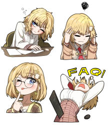 Rule 34 | 1girl, blonde hair, blue eyes, breasts, commentary, cropped torso, ddolbang, english commentary, glasses, hair ornament, hairclip, highres, hololive, hololive english, keyboard (computer), long sleeves, medium breasts, medium hair, messy hair, mouse (computer), multiple views, plaid, plaid skirt, round eyewear, shirt, simple background, skirt, underbust, virtual youtuber, watson amelia, white background, white shirt
