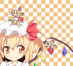 Rule 34 | 4girls, :p, acchii (akina), akina873, ascot, blonde hair, blush, closed eyes, female focus, flandre scarlet, hat, mini person, minigirl, multiple girls, multiple persona, open mouth, red eyes, ribbon, short hair, side ponytail, skirt, smile, tongue, tongue out, touhou, wings