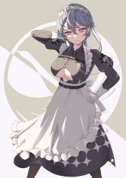 Rule 34 | 1girl, apron, arm up, azur lane, bellona (armed to clean) (azur lane), bellona (azur lane), belt, black belt, black dress, black pantyhose, breasts, chest belt, closed mouth, clothing cutout, commentary request, commission, dress, gloves, grey hair, hair between eyes, hand on own hip, highres, juliet sleeves, large breasts, long sleeves, looking at viewer, maid, maid apron, maid headdress, official alternate costume, pantyhose, partial commentary, puffy sleeves, purple eyes, rizzy, short hair, sidelocks, skeb commission, smile, solo, standing, underboob, underboob cutout, white apron, white gloves