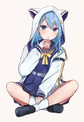 Rule 34 | 1girl, belt, black footwear, blue eyes, blue hair, blue skirt, blush, bow, bowtie, commentary, drinking, english commentary, grey background, grey belt, hand up, highres, holding, hololive, hood, hood up, hoodie, hoshimachi suisei, hoshimachi suisei (school uniform), indian style, jacket, long hair, long sleeves, looking at viewer, open clothes, open jacket, pleated skirt, shoes, shuuzo3, simple background, sitting, skirt, socks, solo, virtual youtuber, white jacket, white socks, yellow bow, yellow bowtie