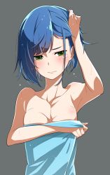 Rule 34 | 10s, 1girl, arm up, armpits, bare shoulders, blue hair, blush, breasts, cleavage, closed mouth, collarbone, covering privates, covering breasts, darling in the franxx, green eyes, grey background, tucking hair, hand up, highres, ichigo (darling in the franxx), naked towel, short hair, simple background, small breasts, solo, towel, upper body, wet, wet hair, yamanami kousuke