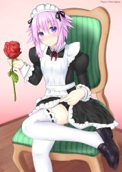 Rule 34 | 1girl, absurdres, alternate costume, apron, apron lift, black bow, black dress, black ribbon, blush, bow, breasts, chair, choujigen game neptune, clothes lift, crossed legs, dress, dress lift, enmaided, fingernails, flower, foot out of frame, frilled apron, frilled dress, frills, hair between eyes, hair bow, hair ornament, highres, holding, holding flower, indoors, juliet sleeves, lifting own clothes, long sleeves, looking at viewer, maid, maid apron, maid headdress, neck ribbon, neptune (neptunia), neptune (series), on chair, pink background, point egress, puffy sleeves, purple eyes, purple hair, red bow, red ribbon, ribbon, ribbon-trimmed legwear, ribbon trim, rose, self-upload, shoes, short hair with long locks, sitting, skirt, small breasts, smile, solo, thighhighs, thighs, white apron, white headwear, white thighhighs, wooden floor