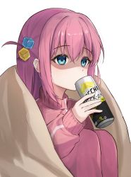 Rule 34 | 1girl, atychi, blanket, blue eyes, bocchi the rock!, brand name imitation, can, cube hair ornament, drinking, gotoh hitori, hair between eyes, hair ornament, highres, holding, holding can, jacket, long hair, long sleeves, one side up, pants, pink hair, pink jacket, pink pants, pink track suit, sitting, solo, strong zero, track jacket, track pants, white background