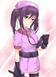 Rule 34 | 1girl, black gloves, breasts, commentary request, cowboy shot, dress, gloves, grey thighhighs, hair between eyes, hand up, hat, head tilt, holding, holding tablet pc, kouzaku mitori, light blush, long bangs, long hair, looking at viewer, medium breasts, nurse cap, pink background, purple dress, purple eyes, purple hair, shin (highest1192), short dress, short sleeves, skull collar, smile, solo, tablet pc, teeth, thighhighs, toaru kagaku no railgun, toaru kagaku no railgun t, toaru majutsu no index, twintails, zettai ryouiki