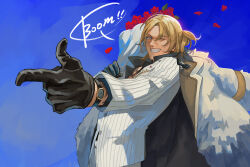 Rule 34 | 1boy, black gloves, black shirt, blonde hair, blue background, buttons, commentary, dated commentary, finger gun, flower, gloves, grey eyes, grin, jacket, looking at viewer, luca kaneshiro, luca kaneshiro (1st costume), male focus, nijisanji, nijisanji en, one eye closed, red flower, red rose, rose, shirt, short hair, short sidetail, smile, solo, striped clothes, striped jacket, upper body, virtual youtuber, watch, white jacket, wristwatch, zi tsas