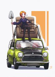 Rule 34 | 1girl, absurdres, armchair, beamed eighth notes, black footwear, black necktie, black pantyhose, blue eyes, blue skirt, blue sweater, braid, car, chair, closed mouth, collared shirt, girls und panzer, grey background, highres, long sleeves, mini cooper, mizzterbii, mop, motor vehicle, mr bean, musical note, necktie, on chair, on vehicle, orange hair, orange pekoe (girls und panzer), pantyhose, parody, parted bangs, rope, school uniform, shirt, short hair, signature, simple background, sitting, skirt, smile, solo, st. gloriana&#039;s school uniform, sweater, twin braids, v-neck