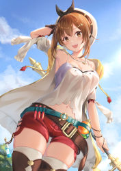 Rule 34 | 1girl, :d, arm behind head, armpits, artist name, atelier (series), atelier ryza, atelier ryza 1, belt, blue sky, breasts, brown belt, brown eyes, brown gloves, brown hair, brown thighhighs, cleavage, cloud, collarbone, commentary, commentary request, day, english commentary, gloves, hat, highres, holding, holding staff, jewelry, looking at viewer, medium breasts, mixed-language commentary, navel, necklace, open mouth, outdoors, red shorts, reisalin stout, sebu illust, short hair, short shorts, shorts, single glove, sky, smile, solo, staff, star (symbol), star necklace, teeth, test tube, thighhighs, thighs, upper teeth only, white hat, white thighhighs