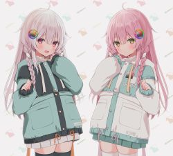 Rule 34 | 2girls, :d, ahoge, aqua jacket, black thighhighs, blush, braid, buttons, color wheel, commentary request, cowboy shot, green eyes, hair between eyes, hand up, hood, hood down, hooded jacket, jacket, long hair, long sleeves, looking at viewer, matching outfits, miniskirt, multicolored clothes, multicolored jacket, multiple girls, nufucha, open mouth, original, pinching sleeves, pink eyes, pink hair, pleated skirt, sidelocks, skirt, sleeves past wrists, smile, standing, straight hair, thighhighs, twin braids, two-tone jacket, white jacket, white skirt, white thighhighs, wing hair ornament, zettai ryouiki