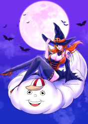Rule 34 | 1girl, 1other, alternate costume, arm tattoo, artist name, artist request, baseball cap, bat (animal), black thighhighs, breasts, cloud, detached sleeves, deviantart logo, deviantart watermark, food-themed hair ornament, full body, hair ornament, halloween, hat, heels, highres, large breasts, looking at viewer, looking up, moon, nami (one piece), night, one eye covered, one piece, open mouth, orange eyes, orange hair, pumpkin hair ornament, purple sky, sky, smile, tattoo, thighhighs, watermark, witch, witch hat, zeus (one piece)