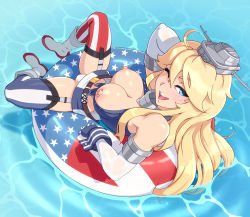 Rule 34 | 1girl, american flag, american flag legwear, asymmetrical legwear, blonde hair, blue eyes, blush, breasts, breasts out, elbow gloves, front-tie top, garter straps, gloves, headgear, innertube, iowa (kancolle), kantai collection, looking at viewer, mismatched legwear, nipple piercing, nipples, one eye closed, owler, piercing, smile, solo, striped, swim ring, thighhighs, vertical stripes, water