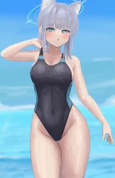 Rule 34 | 1girl, absurdres, animal ear fluff, animal ears, black one-piece swimsuit, blue archive, blue eyes, blue sky, breasts, cloud, competition swimsuit, covered navel, cowboy shot, cross hair ornament, extra ears, grey hair, hair ornament, halo, highres, hopuritan., looking at viewer, low ponytail, medium breasts, medium hair, mismatched pupils, multicolored clothes, multicolored swimsuit, official alternate costume, one-piece swimsuit, shiroko (blue archive), shiroko (swimsuit) (blue archive), sky, solo, standing, swimsuit, wet, wet clothes, wet swimsuit, wolf ears