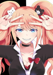 Rule 34 | 1girl, bear hair ornament, black collar, blonde hair, blue eyes, blush, breasts, cleavage, collar, collarbone, commentary request, danganronpa: trigger happy havoc, danganronpa (series), dot nose, enoshima junko, evil grin, evil smile, face, fingernails, grin, hair between eyes, hair ornament, highres, large breasts, long hair, looking at viewer, mako dai ni-dai, multicolored background, nail polish, necktie, out of frame, red nails, red ribbon, ribbon, school uniform, sharp teeth, simple background, smile, solo, spoilers, teeth, twintails, v, white necktie