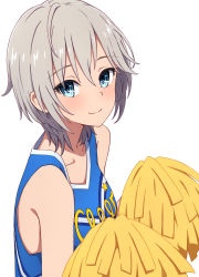 Rule 34 | 10s, 1girl, anastasia (idolmaster), bare shoulders, blue eyes, cheerleader, closed mouth, clothes writing, collarbone, from side, highres, holding, idolmaster, idolmaster cinderella girls, looking to the side, pom pom (cheerleading), short hair, silver hair, simple background, sleeveless, smile, solo, tank top, upper body, white background, yahiro (epicopeiidae)