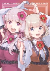Rule 34 | 2girls, blonde hair, blue eyes, bow, character name, cherico, commentary, elbow gloves, english text, flower, gloves, hair bow, hair flower, hair ornament, heart, heart hands, heart hands duo, holding, holding hands, kizuna akari, light purple hair, looking at viewer, microphone, multiple girls, open mouth, pink flower, pink neckwear, purple eyes, red flower, red neckwear, round teeth, striped, striped bow, teeth, tongue, upper body, upper teeth only, vocaloid, voiceroid, white gloves, yuzuki yukari