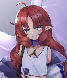 Rule 34 | 1girl, absurdres, ahoge, arknights, bare shoulders, blue eyes, blush, closed mouth, earrings, head tilt, highres, jewelry, klaius, long hair, looking at viewer, myrtle (arknights), pointy ears, purple scarf, red hair, scarf, shirt, smile, solo, upper body, white shirt