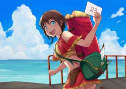 Rule 34 | 10s, 1girl, :d, amy (suisei no gargantia), bag, bare shoulders, blue eyes, blush, breasts, brown hair, capelet, clothing cutout, cloud, cloudy sky, cowboy shot, crop top, day, from behind, holding, holding paper, letter, looking at viewer, looking back, matsuse daichi, medium breasts, messenger bag, ocean, open mouth, paper, railing, red skirt, short hair, shoulder bag, shoulder cutout, skirt, sky, smile, solo, stomach, suisei no gargantia, teeth
