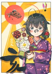 Rule 34 | 1girl, ahoge, blue eyes, blush, boar, brown hair, calligraphy brush, chinese zodiac, closed eyes, commentary request, drawing on another&#039;s face, facepaint, floral print, flower, hair flaps, hair flower, hair ornament, hat, highres, holding, japanese clothes, kantai collection, kimono, koppa mijinko (series2023), long sleeves, looking at viewer, new year, paintbrush, pig, sash, shigure (kancolle), shigure kai ni (kancolle), solo, tears, year of the pig