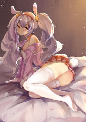 Rule 34 | 1girl, absurdres, animal ears, arm support, ass, azur lane, brown eyes, brown skirt, closed mouth, commentary request, grey hair, hair between eyes, hair ornament, hairband, half-closed eyes, highres, jacket, laffey (azur lane), long hair, looking at viewer, lying, on side, open clothes, open jacket, panties, pantyshot, pleated skirt, rabbit ears, rabbit tail, revision, scarlet dango, sidelocks, skirt, solo, strap slip, tail, thighhighs, thighs, twintails, underwear, wavy hair, white panties, white thighhighs