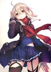 Rule 34 | 1girl, :o, ahoge, artoria pendragon (all), artoria pendragon (fate), black-framed eyewear, black coat, black thighhighs, blonde hair, blue shirt, blue skirt, blush, chestnut mouth, coat, cowboy shot, drawstring, excalibur (fate/stay night), fal maro, fate/grand order, fate (series), fringe trim, garter straps, glasses, hair between eyes, highres, holding, holding sword, holding weapon, jacket, long sleeves, looking at viewer, mysterious heroine x alter (fate), mysterious heroine x alter (first ascension) (fate), navel, neckerchief, open clothes, open coat, open mouth, orange eyes, plaid, plaid scarf, pleated skirt, pocket, red neckerchief, red scarf, saber (fate), scarf, school uniform, semi-rimless eyewear, serafuku, shirt, simple background, skirt, solo, standing, stomach, sword, tareme, thighhighs, under-rim eyewear, weapon, white background, winter clothes, winter coat, zettai ryouiki