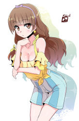 Rule 34 | 1girl, amanogawa kirara, bare shoulders, breasts, brown hair, casual, cleavage, collarbone, de (deys), downblouse, earrings, go! princess precure, highres, jewelry, long hair, precure, purple eyes, short hair, shorts, solo, standing, star (symbol), star earrings, striped clothes, striped shorts