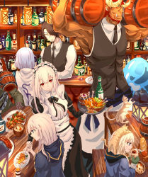Rule 34 | 3boys, 3girls, alcohol, animal, animal on head, apple pie, baguette, bar (place), bartender, beard, beer, black bow, black bowtie, black dress, black hair, black necktie, black vest, blonde hair, blue eyes, blue jacket, bottle, bow, bowtie, bread, c4 art, cat, cat on head, chicken (food), chicken leg, chinstrap beard, closed mouth, cocktail glass, coffee, collared shirt, commentary request, cup, demon boy, demon horns, dress, drinking glass, facial hair, food, green eyes, green mittens, hair over one eye, highres, horns, indoors, jacket, kebab, lantern, long hair, long sleeves, maid, maid headdress, mittens, multiple boys, multiple girls, muscular, muscular male, necktie, on head, original, pie, pie slice, red eyes, red hair, shirt, short hair, sitting, sleeveless, sleeveless shirt, smile, standing, table, upper body, vest, white hair, white shirt, wine bottle