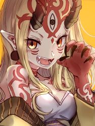 Rule 34 | 1girl, :d, bare shoulders, black nails, blush, breasts, claw pose, cleavage, colored skin, earrings, facial mark, fangs, fate/grand order, fate (series), fingernails, forehead mark, highres, horns, ibaraki douji (fate), jewelry, long fingernails, long sleeves, looking at viewer, nail polish, nakasaku-p, oni horns, open mouth, pointy ears, red skin, sharp fingernails, sidelocks, simple background, small breasts, smile, solo, strapless, teeth, upper body, v-shaped eyebrows, whisker markings, yellow background, yellow eyes