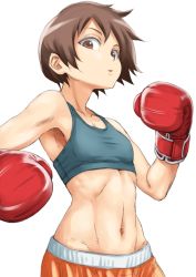 Rule 34 | 1girl, abs, bad id, bad pixiv id, boxing, boxing gloves, brown eyes, brown hair, collarbone, iguchi (strawmat), midriff, navel, original, short hair, simple background, solo, sports bra, white background