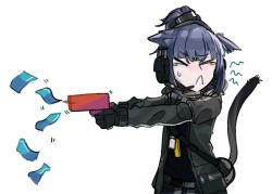 Rule 34 | 1girl, :&lt;, animal ears, arknights, black gloves, black shirt, blue hair, cat ears, cat tail, closed eyes, closed mouth, gloves, gun, handgun, headphones, holding, holding gun, holding weapon, id card, jacket, jessica (arknights), long sleeves, lungmen dollar, medium hair, odmised, pistol, ponytail, shirt, simple background, solo, tail, upper body, weapon, white background