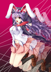 Rule 34 | 1girl, animal ears, black socks, breasts, female focus, highres, jumping, kneehighs, large breasts, long hair, mitsuki shion, navel, necktie, open mouth, purple hair, rabbit ears, red eyes, red necktie, reisen udongein inaba, shirt, skirt, socks, solo, touhou, white shirt, zoom layer