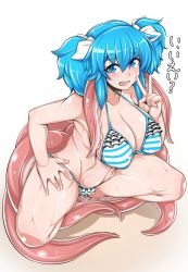 Rule 34 | 1girl, ass, blue eyes, blue hair, blush, breasts, coco ankou, monster girl, muscular, nyame (coco ankou), open mouth, smile, sweat, swimsuit, tentacles, v