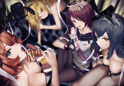 Rule 34 | 4girls, ;d, alcohol, animal ears, apple pie, arknights, black gloves, black hair, black hairband, black leotard, black pantyhose, black skirt, blonde hair, blush, bottle, breasts, cleavage, closed mouth, commentary, couch, croissant (arknights), dated commentary, detached collar, downblouse, ear piercing, expressionless, exusiai (arknights), fake animal ears, fang, feet out of frame, fingerless gloves, fishnet pantyhose, fishnets, food, food in mouth, fork, gloves, green eyes, hair over one eye, hairband, halo, highres, holding, holding fork, hood, hooded jacket, jacket, knee up, leotard, long hair, looking at viewer, meat, medium breasts, miniskirt, mouth hold, multiple girls, name tag, one eye closed, open mouth, orange hair, pantyhose, penguin logistics (arknights), penguin logistics logo, piercing, playboy bunny, pocky, pocky in mouth, rabbit ears, red eyes, red hair, ribbon, sash, short hair, short sleeves, sitting, skirt, smile, sora (arknights), steak, strapless, strapless leotard, susukawa (susucawa), texas (arknights), v, white jacket, white ribbon, wolf ears